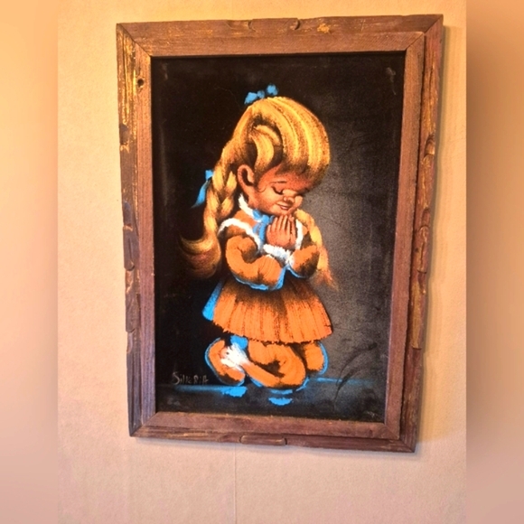 Vtg Black Velvet Boy & Girl-Childern Praying Paintings Pair Mexico Signed 24"x20 - Picture 7 of 12